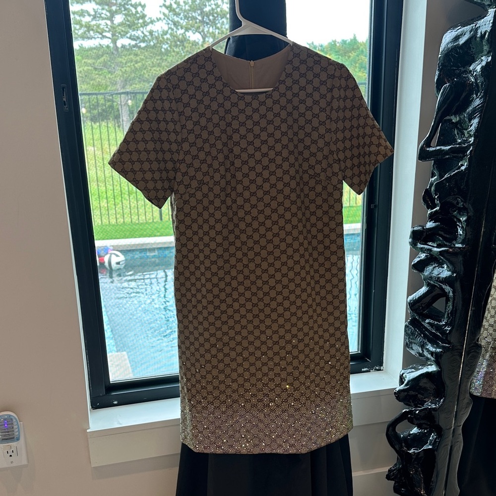 Gucci Beige Monogram Shift Dress with Crystal Hem